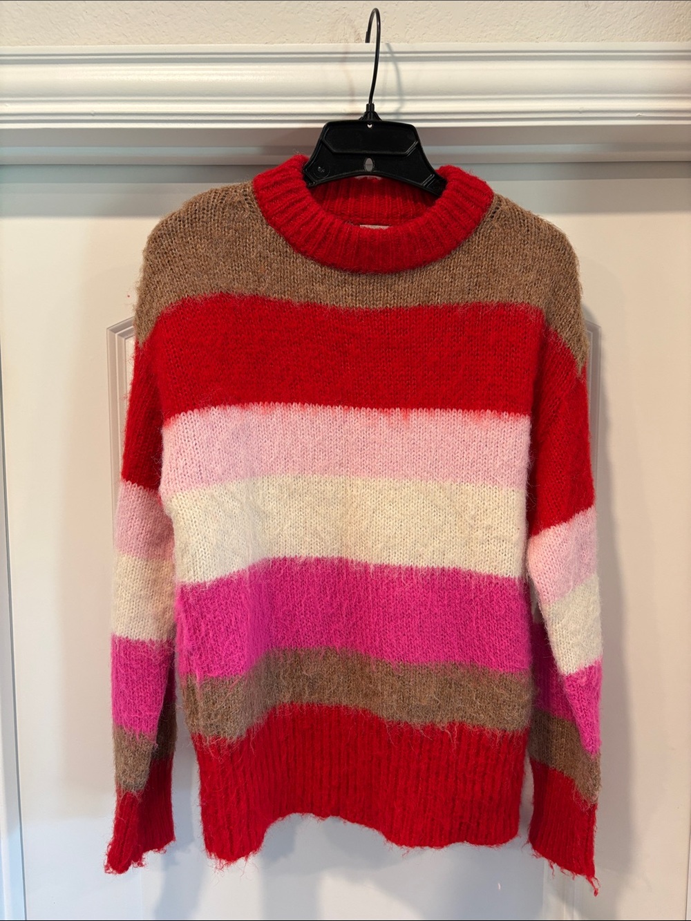 a new day Striped Fuzzy Crewneck Sweater in Red, Pink, Cream & Brown